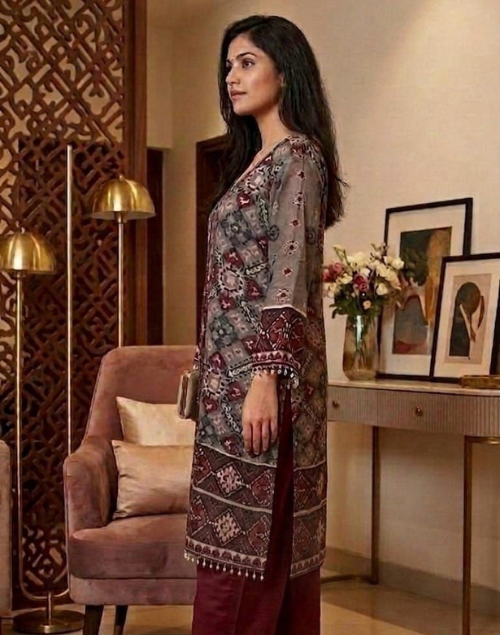 Grey and Red Silk Kurta Pant and Dupatta Set