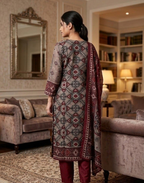 Grey and Red Silk Kurta Pant and Dupatta Set