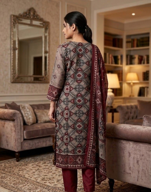 Grey and Red Silk Kurta Pant and Dupatta Set