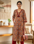 Red and Beige Printed Cotton Kalamkari Kurta