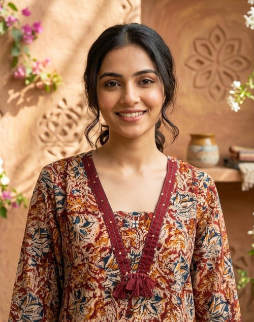 Red and Beige Printed Cotton Kalamkari Kurta