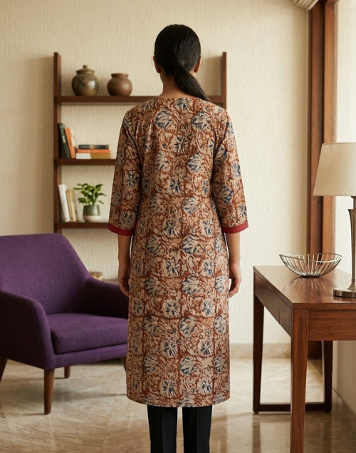 Red and Beige Printed Cotton Kalamkari Kurta