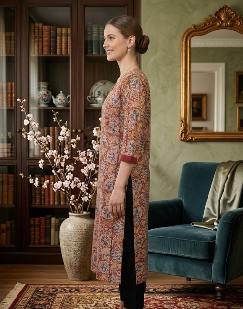 Red and Beige Printed Cotton Kalamkari Kurta