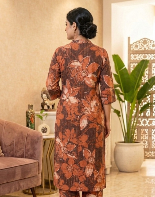 Brown and Orange Printed Cotton Kurta Pant Set