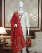 Red and White Vartican Silk Kurta Pant and Dupatta Set