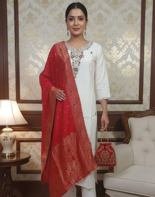 Red and White Vartican Silk Kurta Pant and Dupatta Set