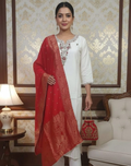 Red and White Vartican Silk Kurta Pant and Dupatta Set