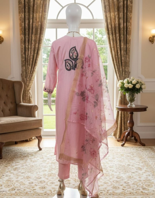 Baby Pink Roman Silk Kurta Pant and Dupatta Set