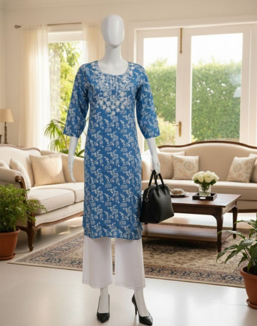 Blue and White Rayon Printed Kurta Pant Set