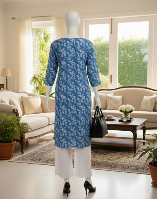 Blue and White Rayon Printed Kurta Pant Set