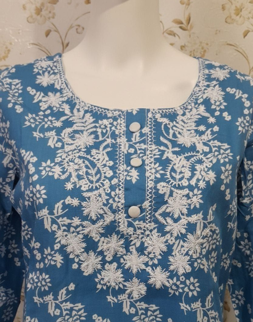 Blue and White Rayon Printed Kurta Pant Set