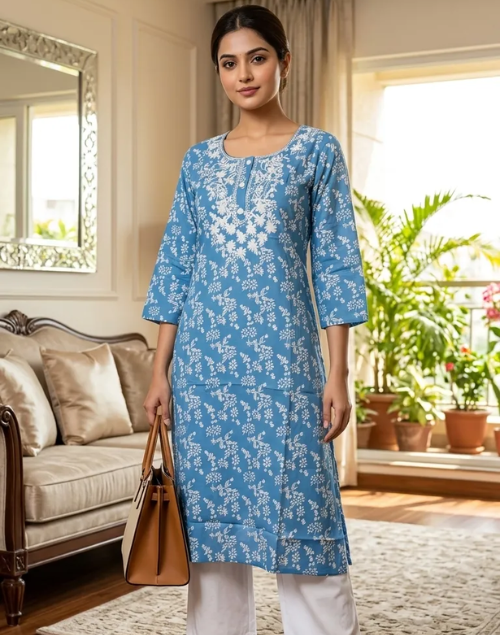 Blue and White Rayon Printed Kurta Pant Set