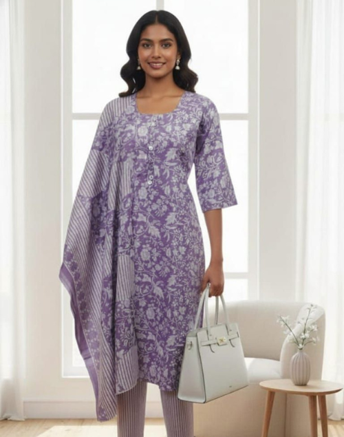 Mauve Printed Kurta Pant and Dupatta Set