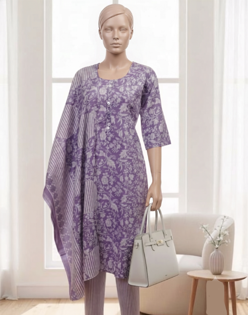 Mauve Printed Kurta Pant and Dupatta Set