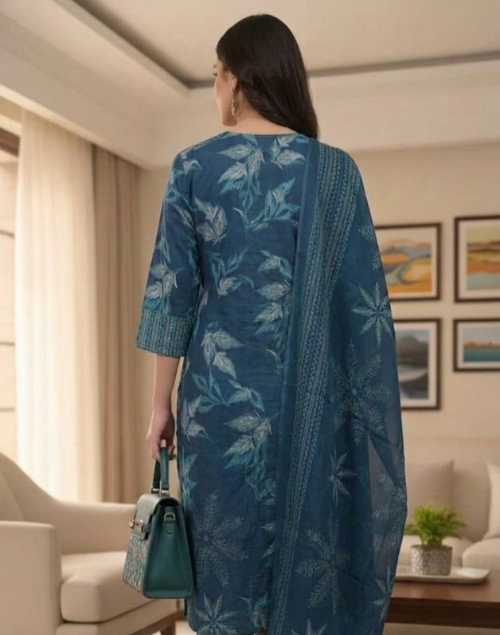 Peacock Blue Printed Cotton Kurta Pant and Dupatta Set