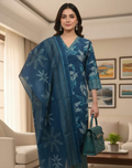 Peacock Blue Printed Cotton Kurta Pant and Dupatta Set