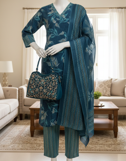Peacock Blue Printed Cotton Kurta Pant and Dupatta Set