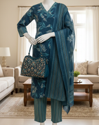 Peacock Blue Printed Cotton Kurta Pant and Dupatta Set
