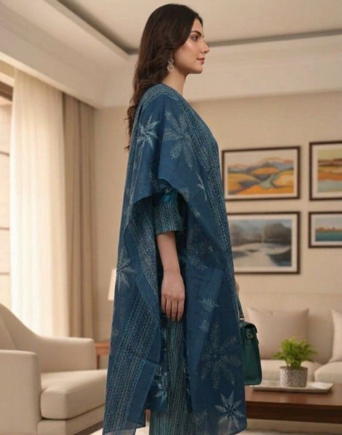 Peacock Blue Printed Cotton Kurta Pant and Dupatta Set
