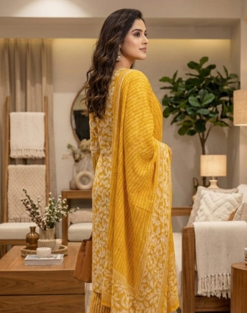 Mustard Yellow Printed Cotton Kurta Pant and Dupatta Set