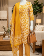 Mustard Yellow Printed Cotton Kurta Pant and Dupatta Set