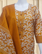 Mustard Yellow Printed Cotton Kurta Pant and Dupatta Set
