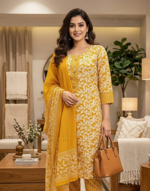 Mustard Yellow Printed Cotton Kurta Pant and Dupatta Set