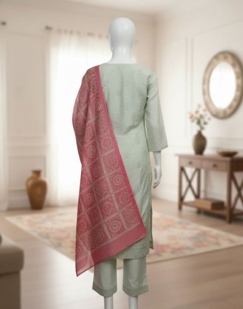 Light Pista Raw Silk Kurta Pant and Dupatta Set