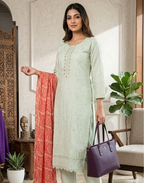 Light Pista Raw Silk Kurta Pant and Dupatta Set