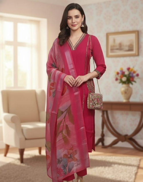 Red Raw Silk Kurta Pant and Dupatta Set