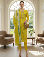 Yellow and Green Cotton Printed Kurta Pant and Dupatta Set