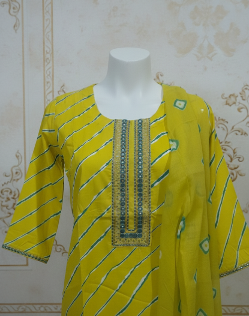 Yellow and Green Cotton Printed Kurta Pant and Dupatta Set