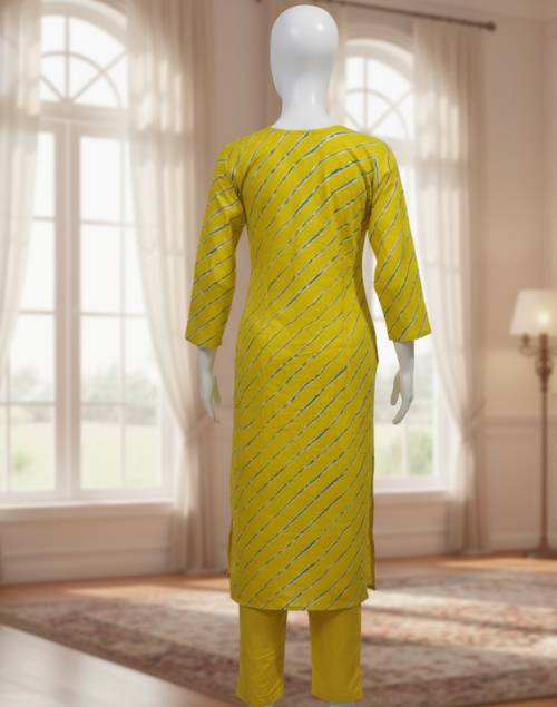 Yellow and Green Cotton Printed Kurta Pant and Dupatta Set