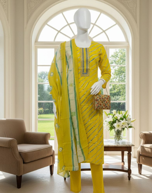 Yellow and Green Cotton Printed Kurta Pant and Dupatta Set