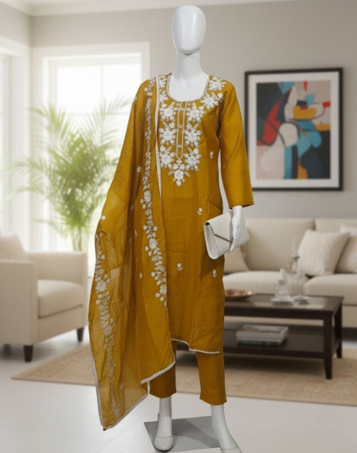 Mustard Yellow Roman Shimmer Kurta Pant and Dupatta Set