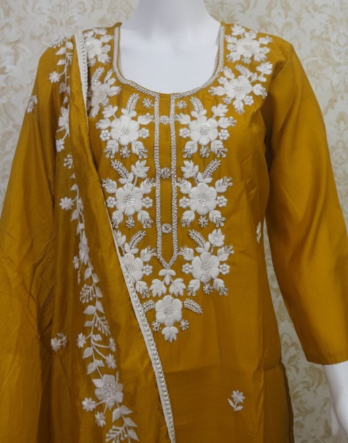 Mustard Yellow Roman Shimmer Kurta Pant and Dupatta Set