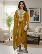 Mustard Yellow Roman Shimmer Kurta Pant and Dupatta Set
