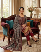 Grey and Red Silk Kurta Pant and Dupatta Set