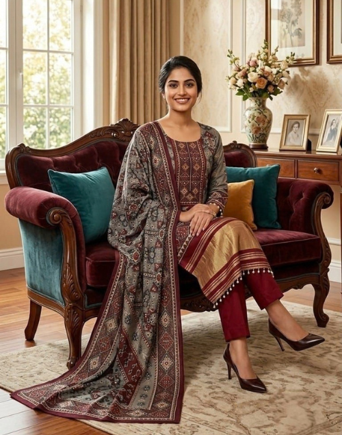 Grey and Red Silk Kurta Pant and Dupatta Set