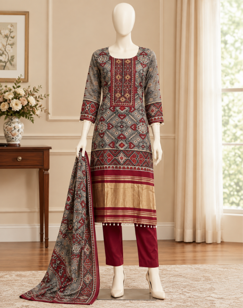 Grey and Red Silk Kurta Pant and Dupatta Set