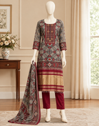 Grey and Red Silk Kurta Pant and Dupatta Set